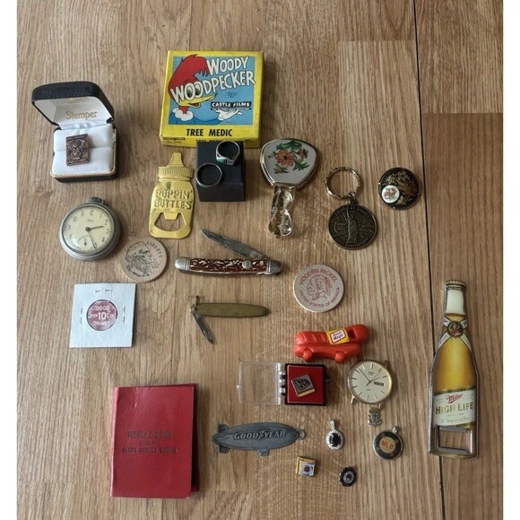 Junk Drawer Lot Vtg Harley Beer Pocket Watch,Sterling Jewelry, Knives,pin,Tokens - Picture 1 of 13